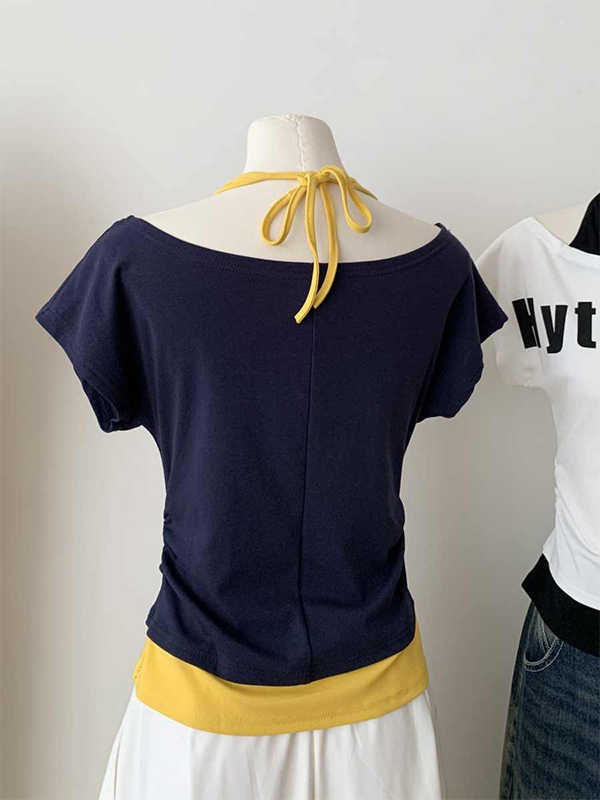 ホットガールワンショルダー半袖Tシャツ女性用2025夏新作フェイクツーピースホルターネックスリムフィットオフショルダートップイン|undefined