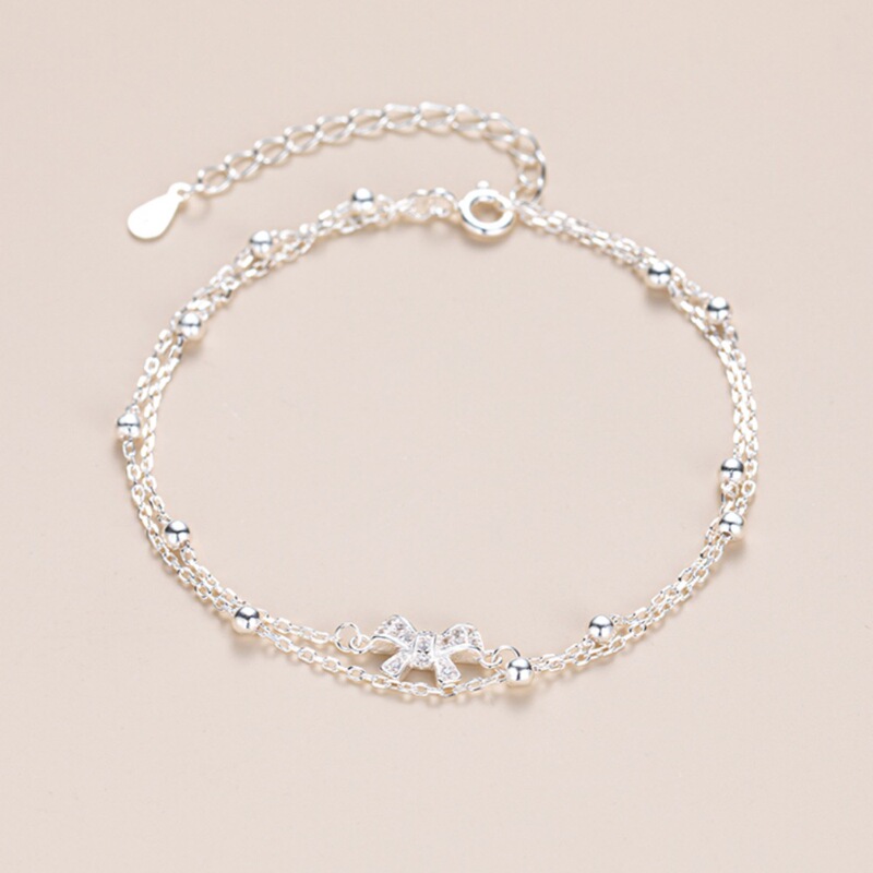 925 Sterling Silver Double-layer Women's Bow Bracelet Women's Light Luxury Niche High-end Delicate Color-free Bracelet New Style 925 Sterling Silver Double-layer Women's Bow Bracelet Women's Light Luxury Niche High-end Delicate Color-free Bracelet New Style