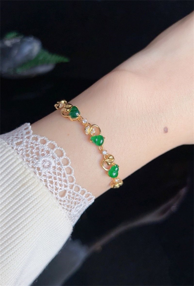 Vòng tay đá ngọc bích tự nhiên A hàng băng chủng mặt trứng cắt S925 bạc xi mạ vàng họa tiết hồ lô chi tiết 4