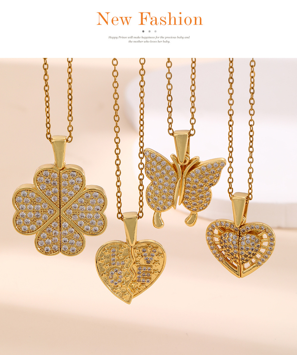 Necklace Classification Titanium Steel Chain Material Titanium Steel Material Vintage Titanium Steel Zircon Butterfly Design Pendant Necklace Accessory Four-Leaf Clover Geometry