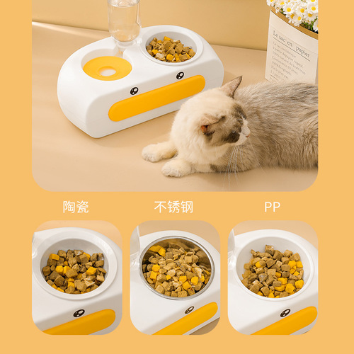 Cross-border new product cartoon cat bowl ceramic pet bowl drinking water feeding integrated double bowl plastic cat automatic drinking bowl