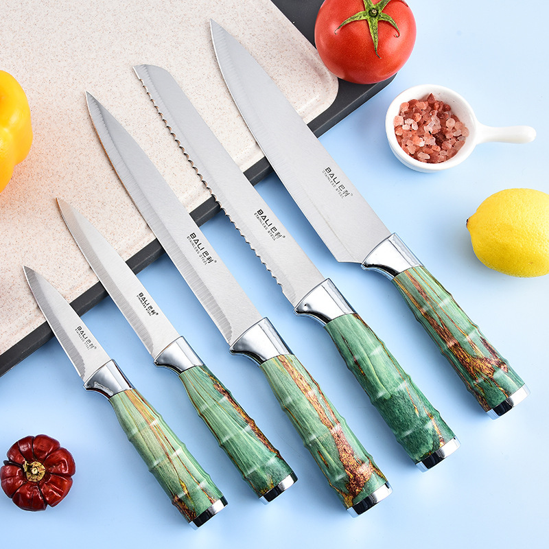 Comercio exterior al por mayor portaherramientas de plata ovalada mango de bambú juego de cuchillos de galvanoplastia doble juego de cuchillos de chef afilado