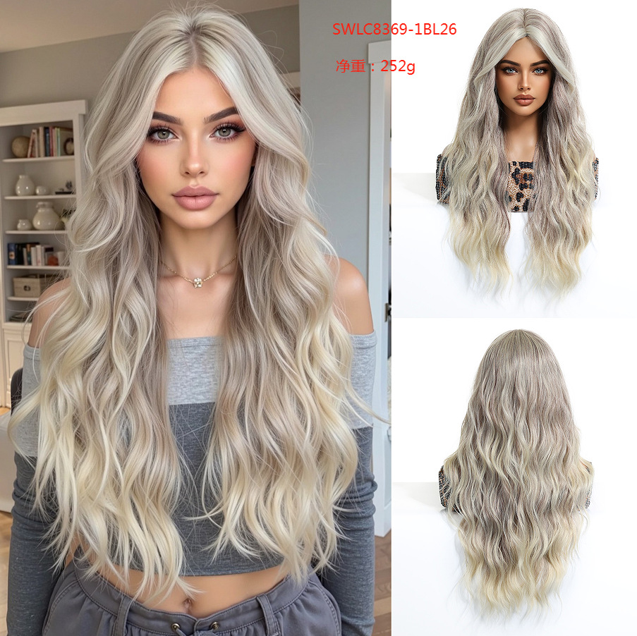 Peluca de moda para mujer, estilo transfronterizo, con raya en medio, castaño degradado, cabello largo rizado, ondas grandes, fibra mate resistente al calor, peluca completa.