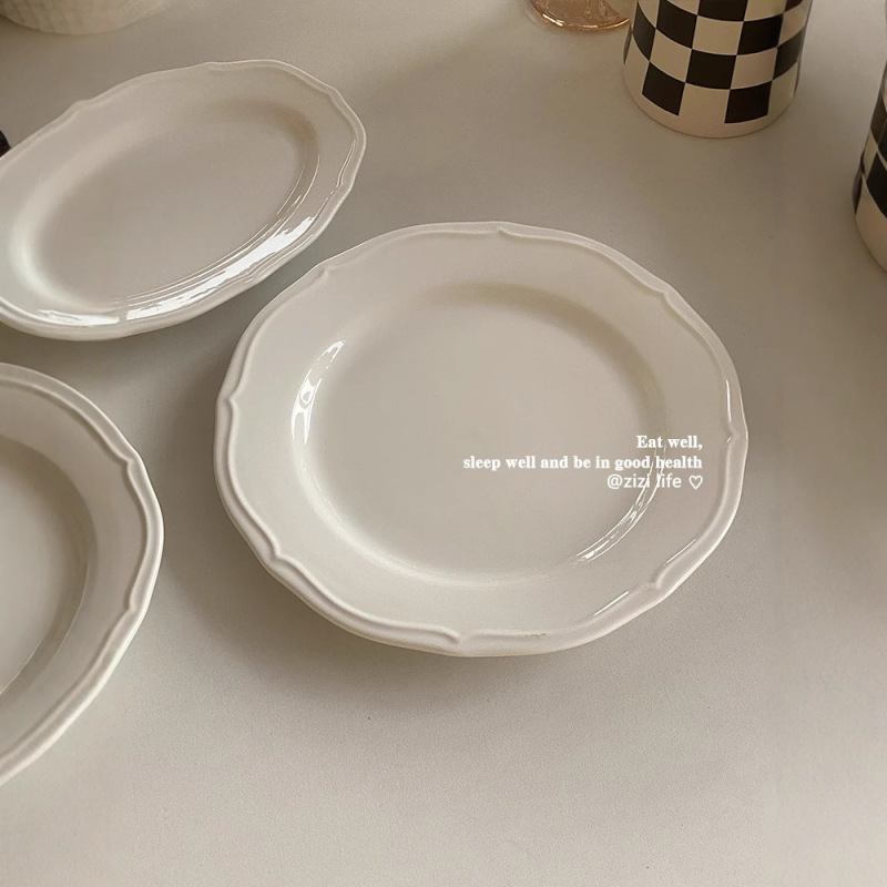 インススタイルレトロレリーフラインレースプレート純白セラミックプレートフレンチレリーフエッジ洋食プレートデザート朝食プレート|undefined