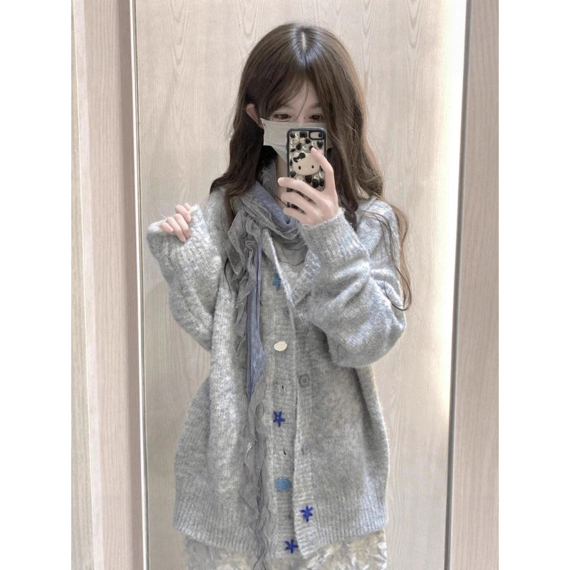 韩系秋冬灰色开衫毛衣女新款慵懒高级感宽松秋季连帽针织外套