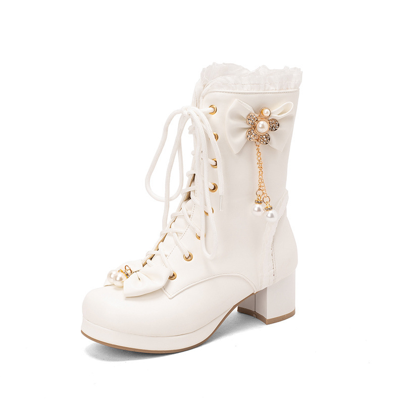 Female Bow Thick Heeled Short Boots Lolita Shoes