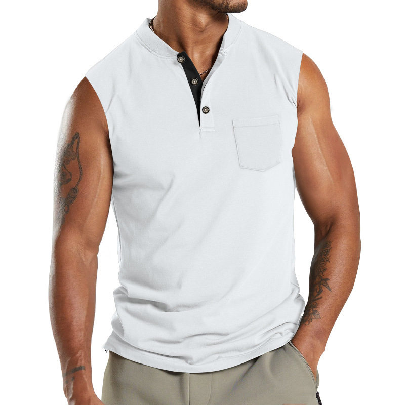 2024 Summer New Kam Shoulder Large Men's Short Sleeve Button Pocket Sleeveless T-shirt_voghion.com
