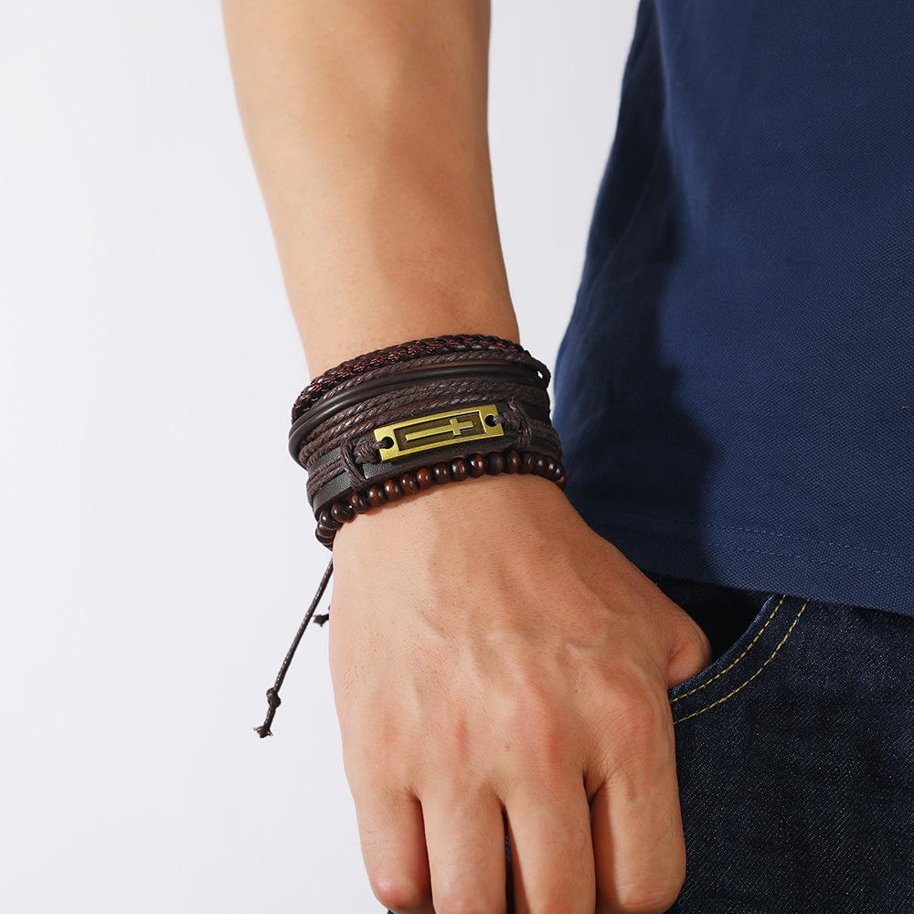 Hip-Hop Cross Letter Skull Pu Leather Alloy Menu0027S Bangle 1 Set