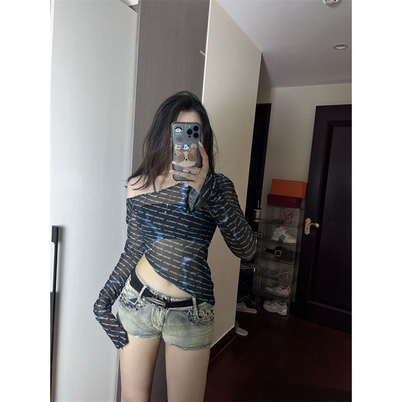 Fashion Irregular Mesh Off-Shoulder Long-Sleeve T-Shirt for Women, Autumn Sexy Slim-Fit Versatile Top Fashion Irregular Mesh Off-Shoulder Long-Sleeve T-Shirt for Women, Autumn Sexy Slim-Fit Versatile Top