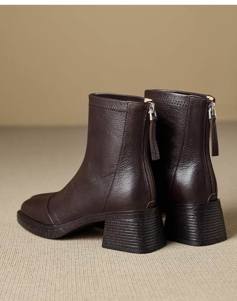 Bốt ngắn nữ mũi vuông da bò gót dày 6 cm khóa kéo sau — Màu nâu (lớp lót nhung 6cm) có sẵn hàng, Màu nâu (lớp lót đơn 6cm) có sẵn, Màu đen (lớp lót nhung 6cm) có sẵn hàng, Màu đen (lớp lót đơn 6cm) có sẵn hàng chi tiết 11