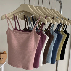 帶胸墊彈力螺紋棉短款內搭打底無袖吊帶上衣女外穿緊身露臍小背心