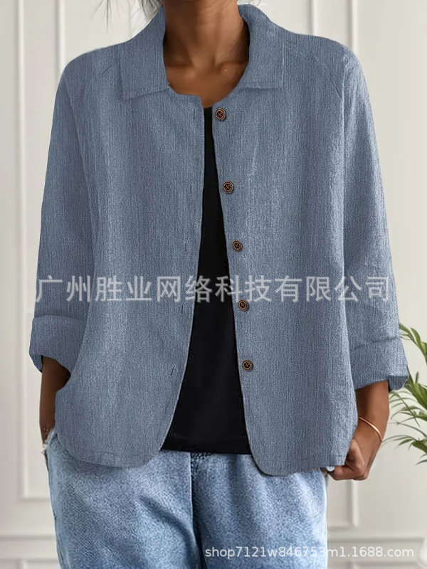 欧美跨境外贸棉麻衬衫女春夏新款百搭上衣衬衣领休闲显瘦开衫外套|undefined