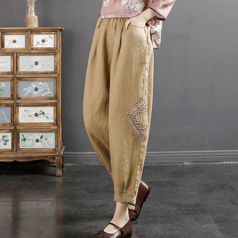 Cotton and Linen Lantern Pants, Artistic Lace Splicing, Embroidered Harem Pants, Women's Nine-Point Pants, Summer Loose Casual Pants Cotton and Linen Lantern Pants, Artistic Lace Splicing, Embroidered Harem Pants, Women's Nine-Point Pants, Summer Loose Casual Pants