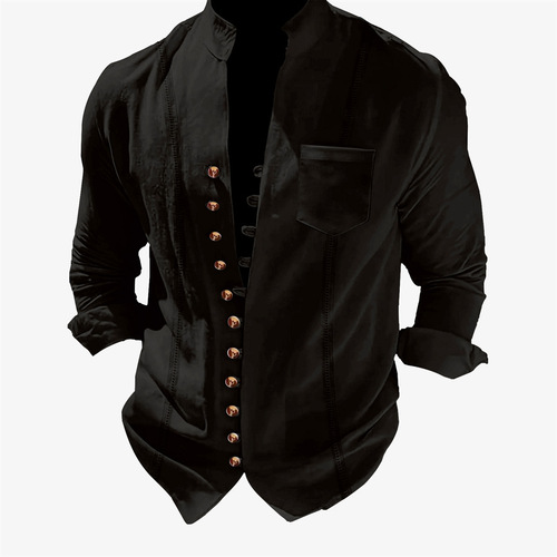 Wish Men's Vintage Cuban Style Cotton Linen Casual Loose Long-Sleeve Shirt