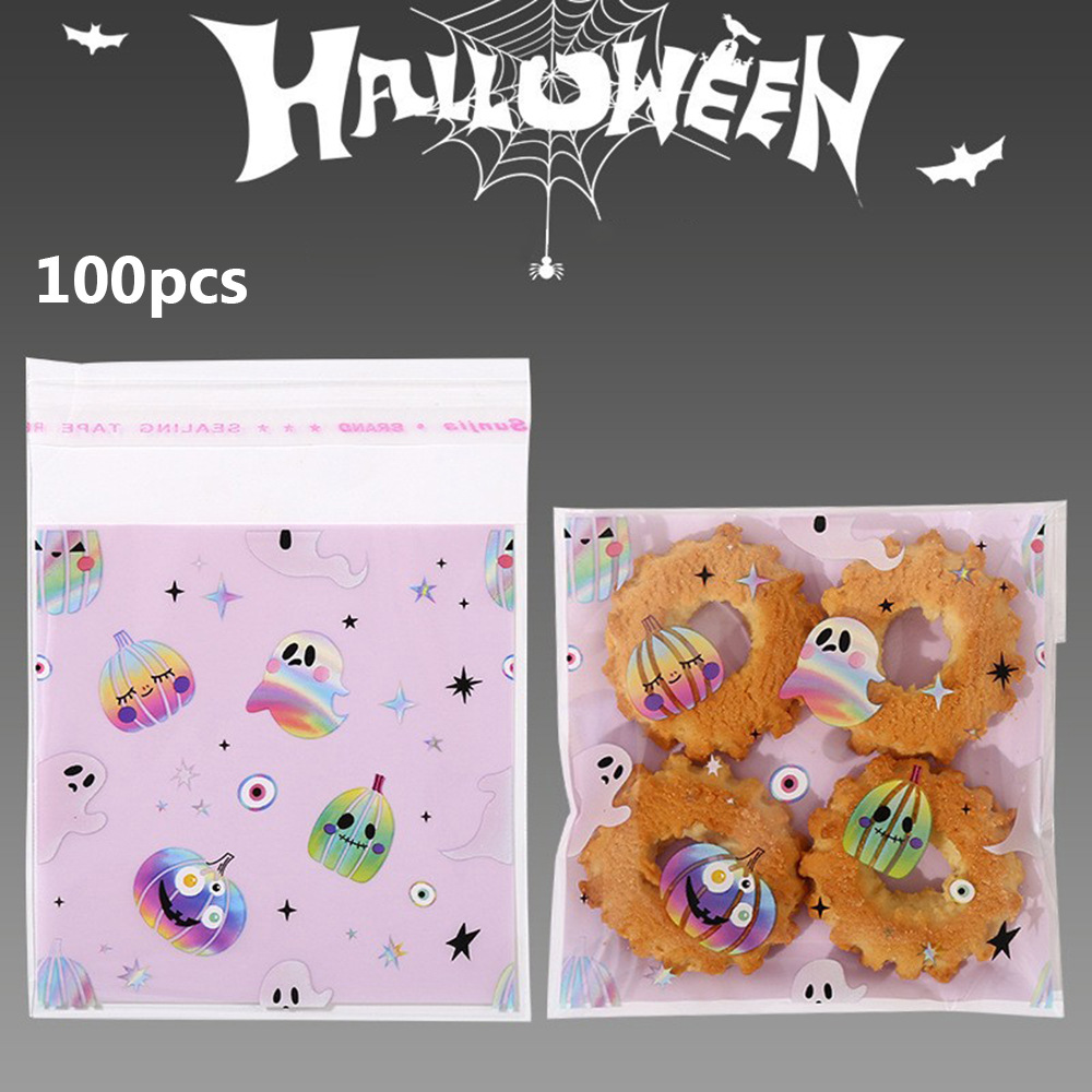 100个装万圣节镭射南瓜OPP自粘袋糖果巧克力包装袋鬼节派对自封袋