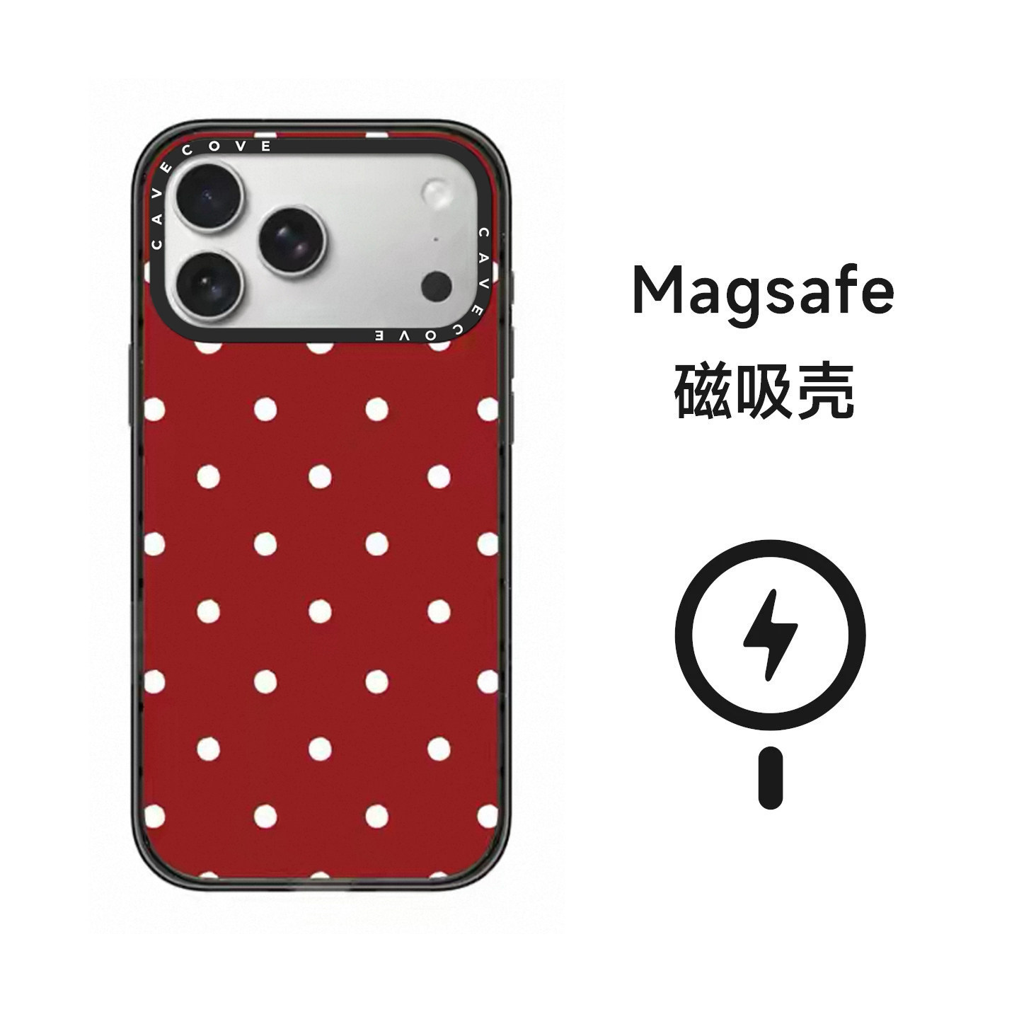 Red background with white polka dots, transparent-black frame (MagSafe magnetic …