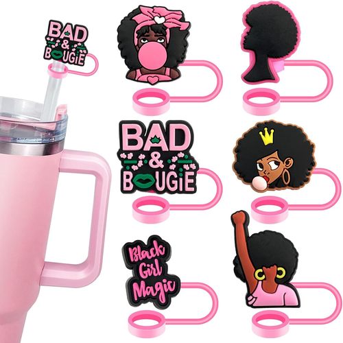 Cross-border Black Girl Series Pink 10mm Creative Personalized Soft Rubber Straw Cover Decorative Accessory Dust Plug