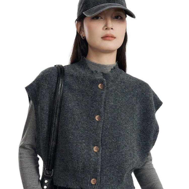 灰色外搭针织开衫马甲女春秋装毛边设计感宽松显瘦马夹背心女上衣|undefined