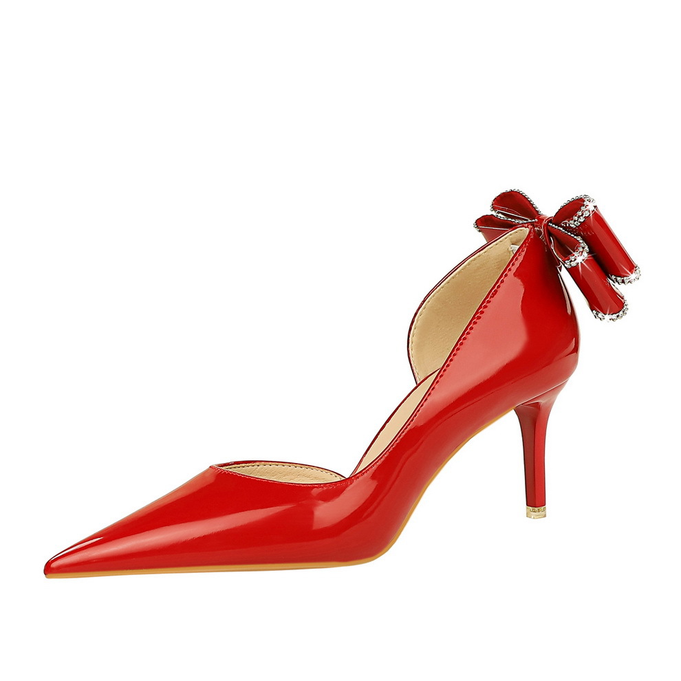 Women's Patent Leather Stiletto Pumps With Bowknot Pointed Toe_voghion.com