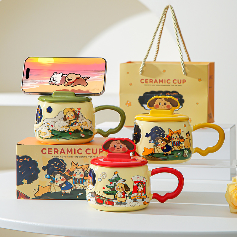 Taza de cerámica de dibujos animados creativos con soporte de teléfono móvil cubierta de taza de agua de oficina casera caja de regalo de alto valor pintada a mano taza de viento