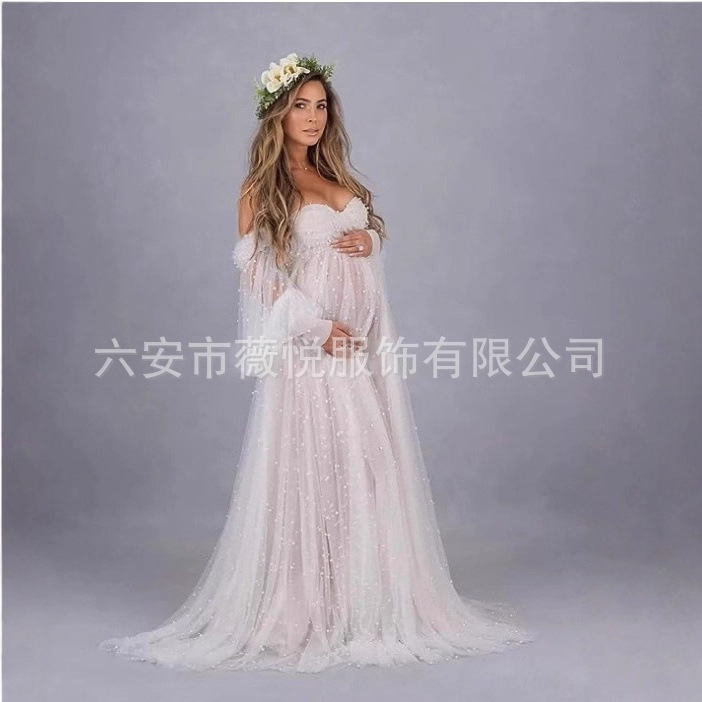 European and American Style Women's Dress with Mesh and Beading, Off-The-Shoulder Maternity Cross-Border Dress, Photography Gown with Small Train, Light Wedding Dress European and American Style Women's Dress with Mesh and Beading, Off-The-Shoulder Maternity Cross-Border Dress, Photography Gown with Small Train, Light Wedding Dress