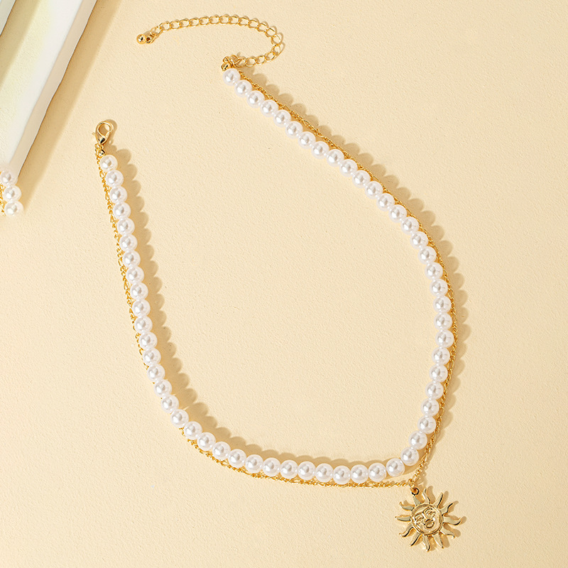 fashion geometric sun pendent double layered pearl necklace wholesale