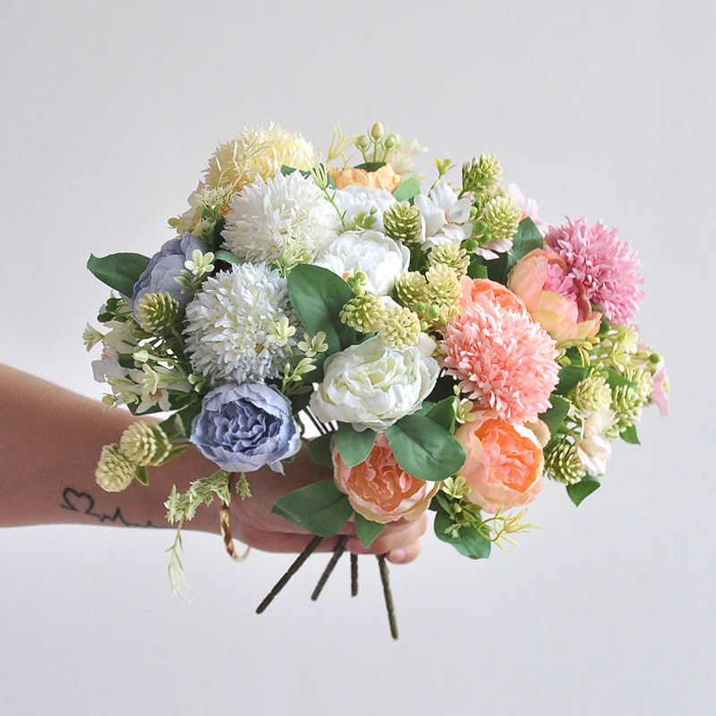Wedding Bouquet Artificial 6-Head Rose Dew Lotus Bouquet Wedding Photography Props Bride Bouquet Artificial Flowers