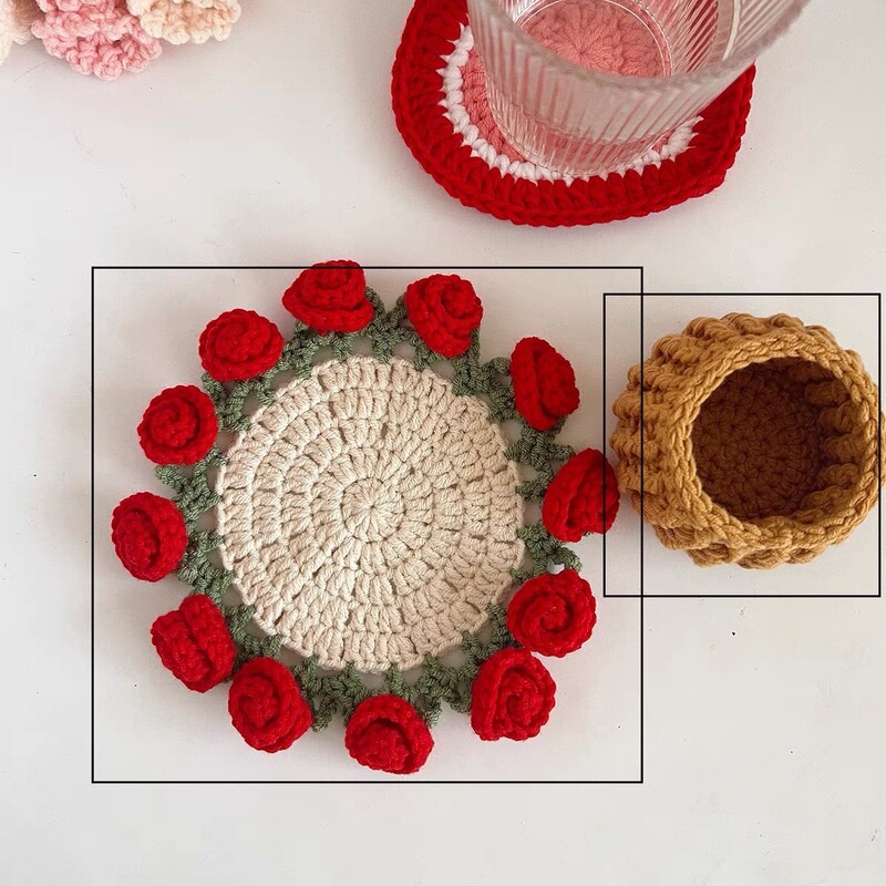 Rose Flower Handmade Wool DIY Mini Bouquet Coaster Material Package Crocheted Creative Desktop Potted Flower Blanket