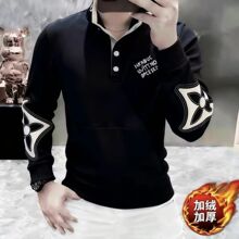 立领纽扣加绒加厚卫衣男秋冬季新款百搭潮流时尚轻奢休闲上衣男