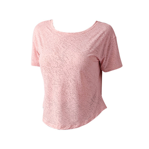 Lightweight Jacquard Design Yoga Wear Women's Short Sleeve Breathable Jacquard Slit Strappy Elastic Fitness Top Sports Blouse