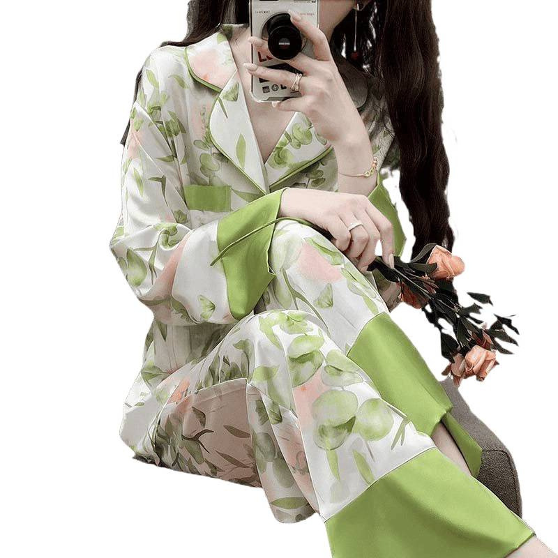 感绿色花卉印花冰丝睡衣女春秋季2025新款长袖套装丝绸家居服|undefined