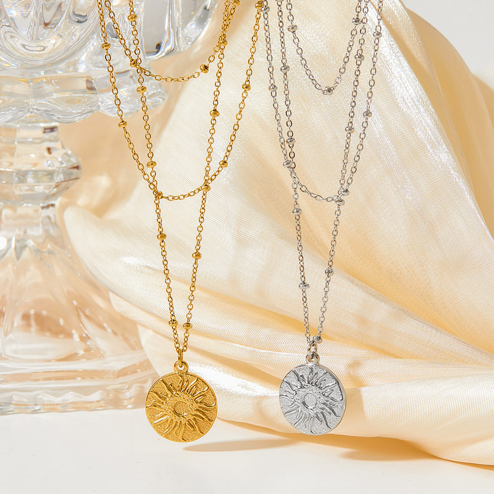 16K Real Gold Plated, Platinum Plated Plating Material 304 Stainless Steel Pendant Material No Inlaid Inlay Material Retro Round Sun Stainless Steel Titanium Steel Plating Layered Necklaces 1 Piece