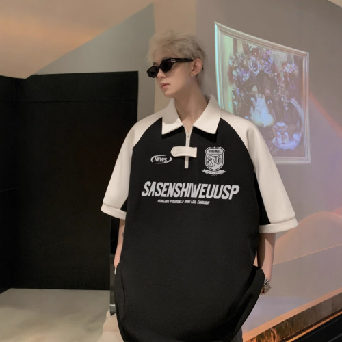 Polo Shirt Men's Summer T-Shirt with Rugged Style, Trendy Design, American Checker Pattern, Half-Zip Top