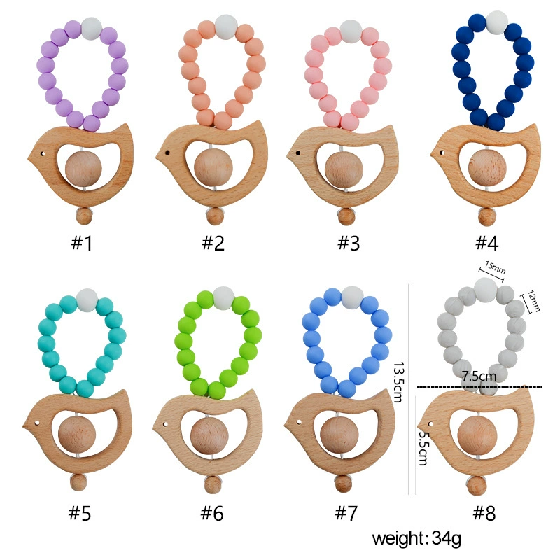 Новорожденным силиконовые бусины бук Птица Форма браслет погремушка игрушка уход прорезывания зубов подарок