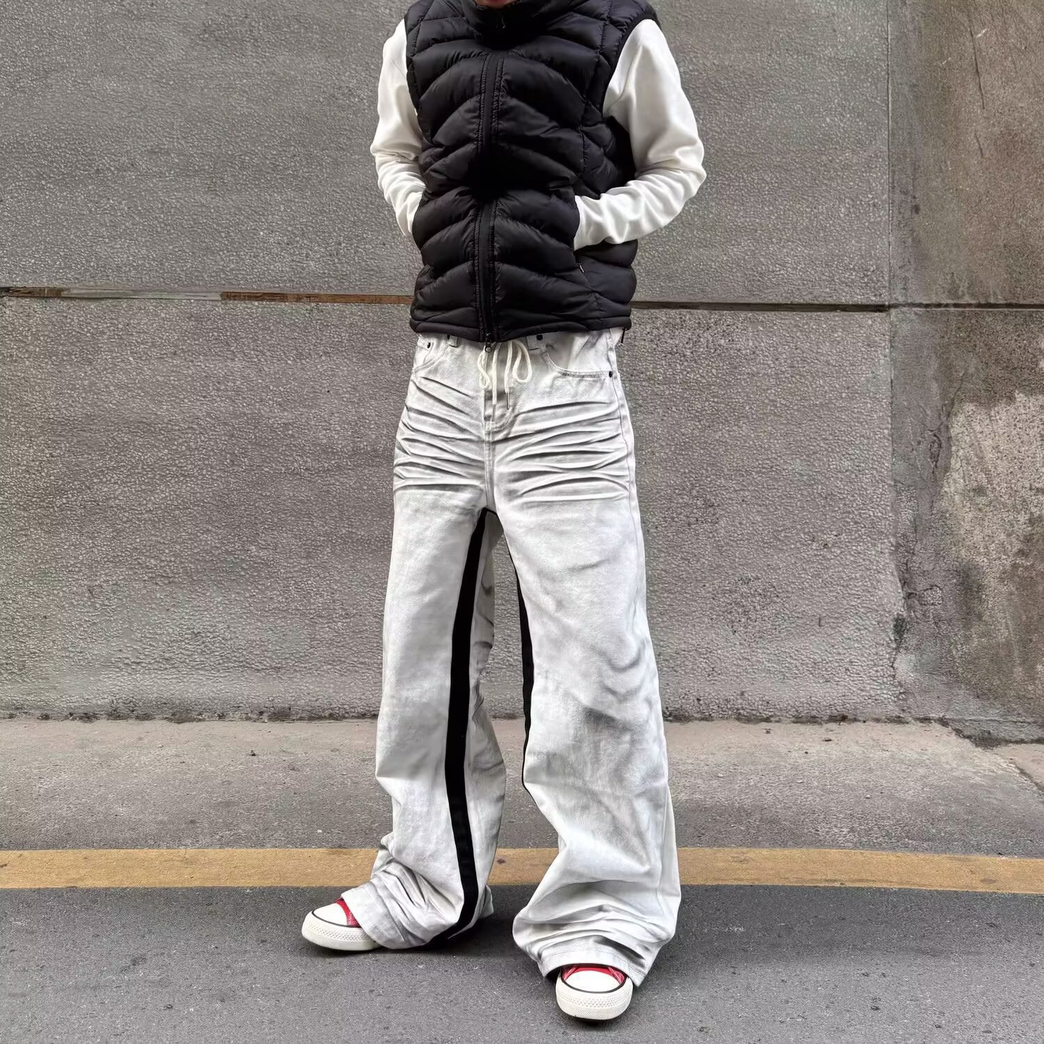 Men's Trendy Handsome Wide Leg Pants White Jeans Loose Straight Drape Dyed Distressed Washed Pleated Brand_voghion.com