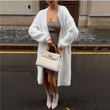 亚马逊外贸女装白色长款毛衣外套女仿水貂绒宽松过膝针织开衫女