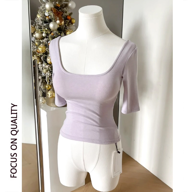 Slim-Fit Purple Short-Sleeve T-Shirt for Women, Early Spring New American Style, Figure-Flattering Low Square Neck Spicy Girl Top