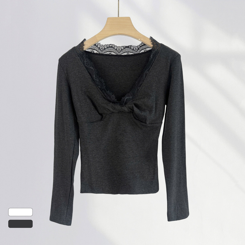 High-weight stretch cotton lace stitching long sleeve T-shirt women's V-neck pure wind kink tight shirt hot girl outfit
