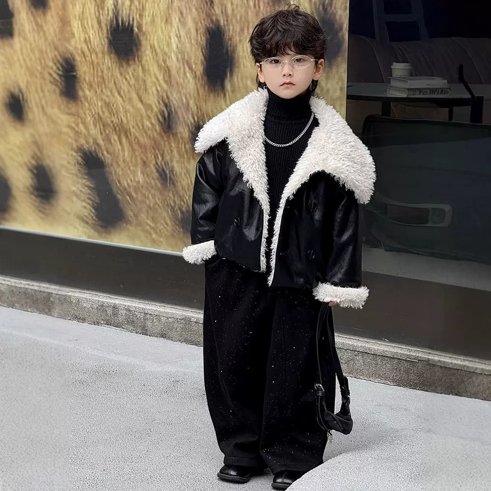 男童宝宝外套翻领2025秋冬新款加绒儿童皮衣羊羔毛潮范一件代发