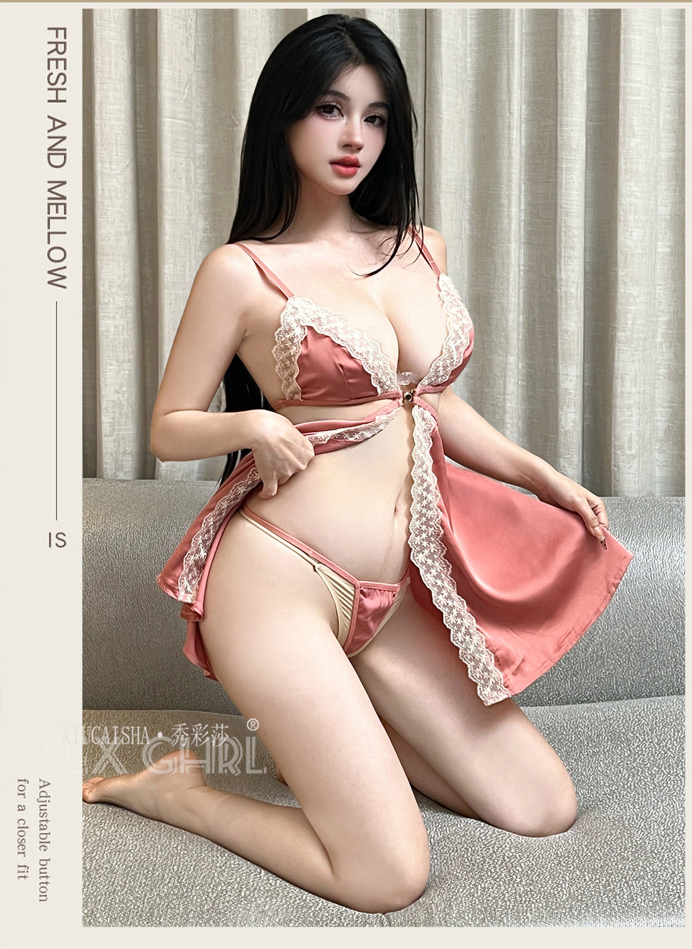 Lace Backless Slit Babydoll Set with Thong and Open-Crotch Stockings, Black One Size — detail image 12