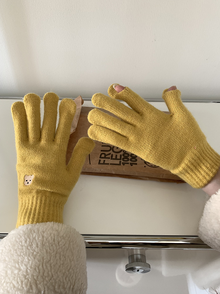 Estudiante a prueba de frío lana de punto a caballo cinco dedos Pantalla táctil de dibujos animados guantes calientes de invierno femenino engrosada linda pareja