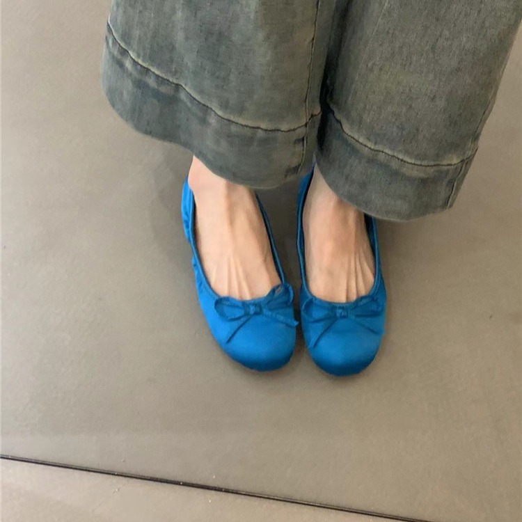Korean Ins Silks and Satins French Flats for Women 2024 New Bow Ballet Flats Shoes Shallow Mouth Granny Shoes