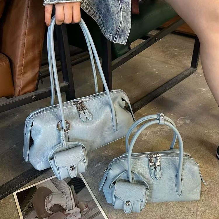 Genuine Leather Lychee Grain Boston Pillow Bag For Women New Trendy Shoulder Crossbody Bag Simple Handheld Bowling Bag - Thumbnail 5