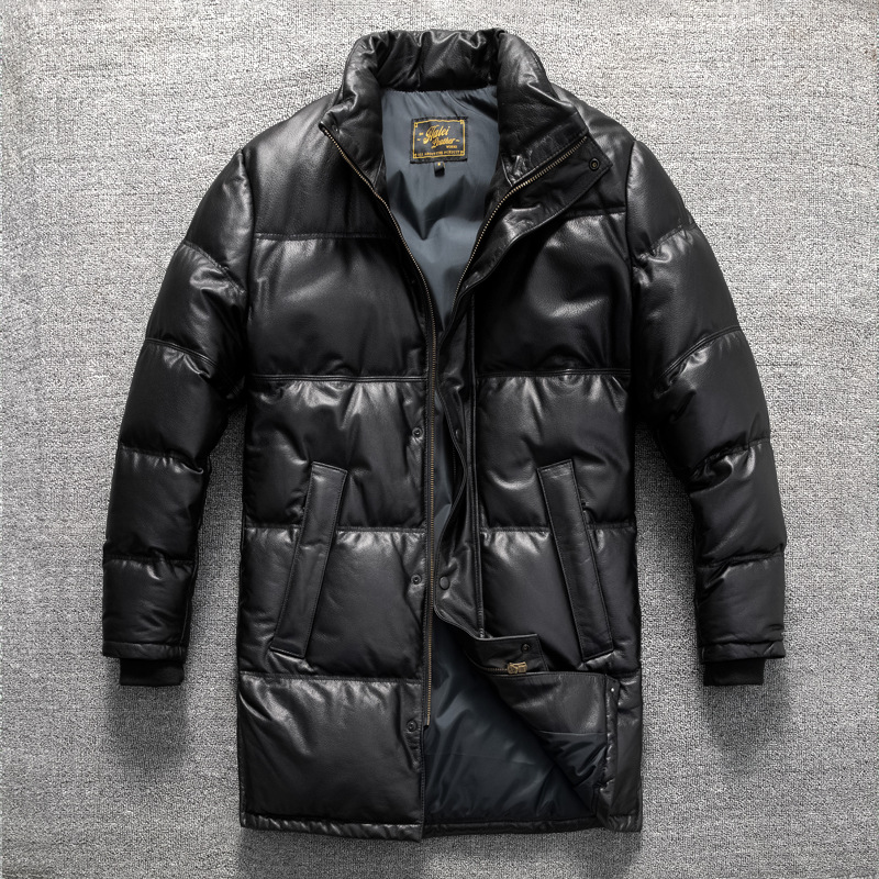 Leather keep warm windproof long down jacket for leisure, cowhide, genuine leather, plus size