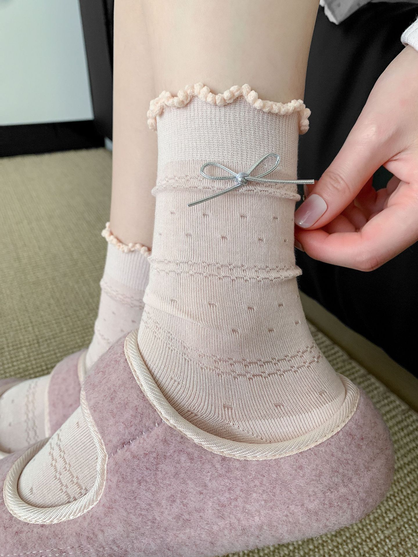 Sweet Balletcore Pointelle Cotton Silver Bow Ruffle Crew Socks For Romantic Outfits Detail View 2
