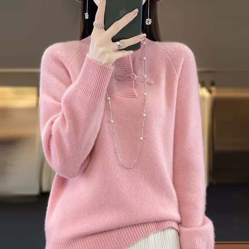 中式盘扣套头棉羊绒毛衣女2025新时髦洋气插肩袖针织打底衫上衣潮