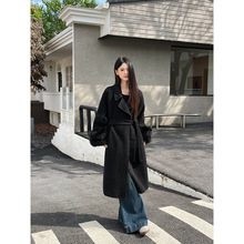 韩系秋冬款保暖绵大衣外套西装领腰带袖子仿真狐狸毛长款毛袖风衣