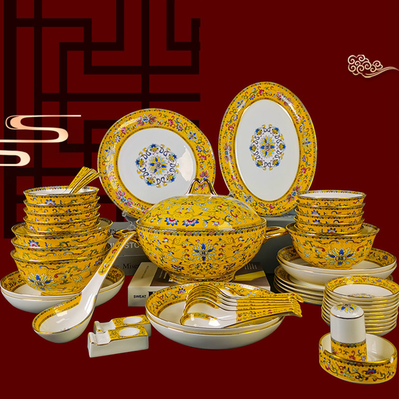 Jingdezhen Palace Style Ceramics Gold Enamel Color Tableware suit Household Bone China Dishes and Dishes Wedding Gifts Jingdezhen Palace Style Ceramics Gold Enamel Color Tableware suit Household Bone China Dishes and Dishes Wedding Gifts