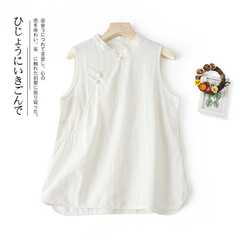 實拍圖文藝棉麻斜襟寬鬆上衣中式立領盤扣襯衫無袖茶服打底背心女