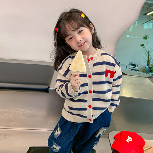  Autumn Girls' Knitted Cardigan: New Stylish Sweater and T-shirt Set in Denim for Toddlers and Young Children
